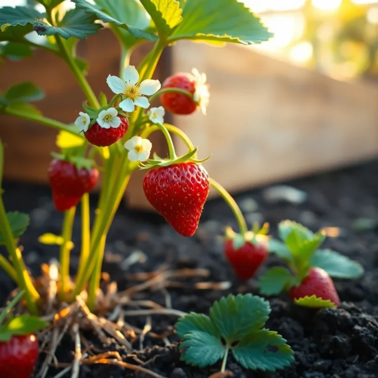 Gros plan sur un fraisier en pleine santé dans un potager, avec des fraises rouges mûres et des fleurs blanches, baigné par l