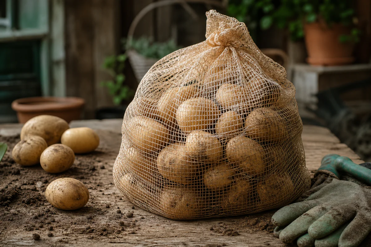 Fresh potatoes in a breathable mesh net on a garden table, illustrating harvest, transport and ventilated storage.