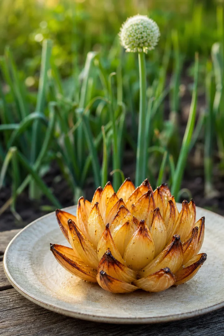 A roasted onion shaped like a flower in front of onion plants blooming in a vegetable garden.