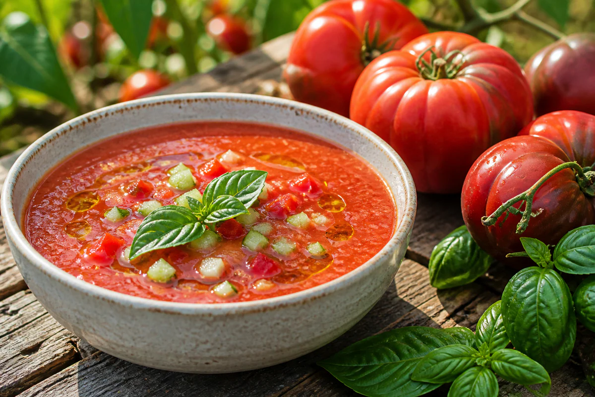 Bol de gaspacho de tomate maison entouré de tomates très mûres du potager sur une table d'été.