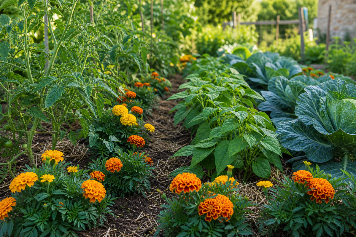 Oeillets d'Inde orange et jaunes plantés entre des rangs de tomates, haricots et choux dans un potager bien entretenu.