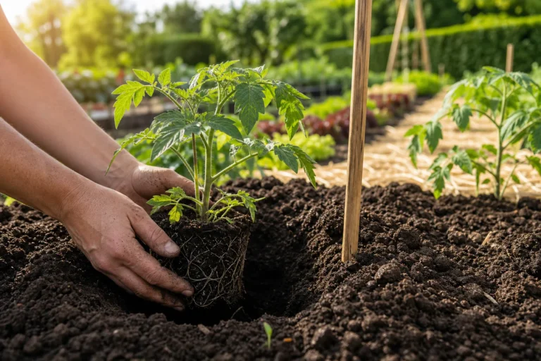 Young tomato plant being planted deeply into prepared garden soil in a sunny vegetable garden.