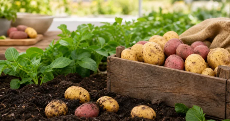 Pommes de terre de consommation fraîchement récoltées dans un potager bio, présentées dans une cagette en bois avec de la ter