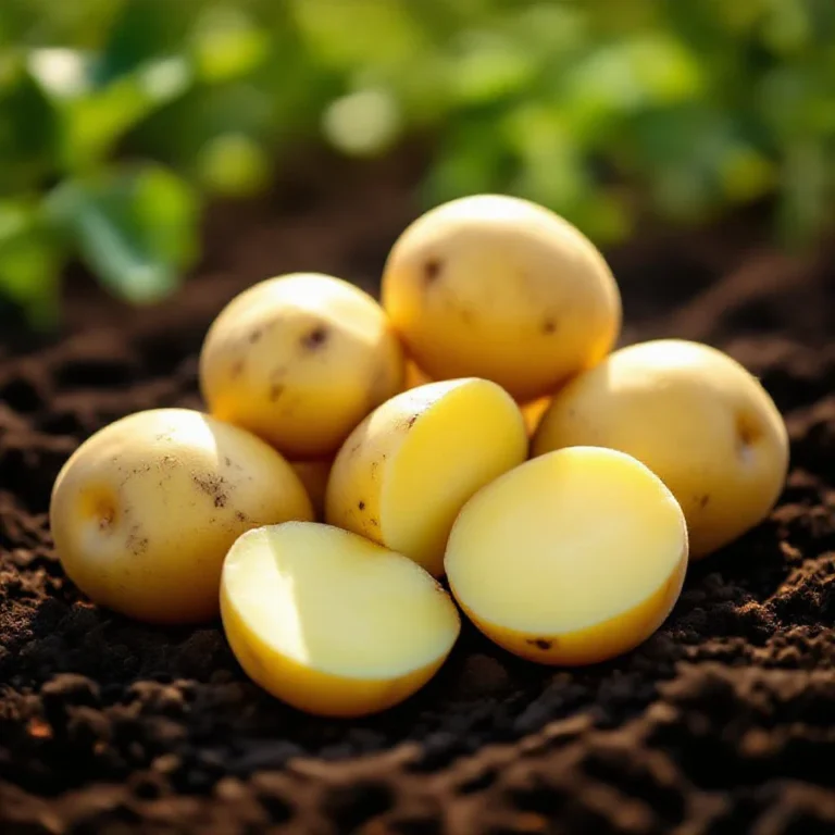 Raw Fontane potatoes freshly harvested and resting on dark garden soil, with one cut open to show the pale yellow flesh, symb