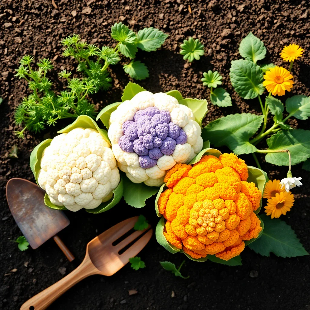 Overhead photograph of a white, purple, and orange Romanesco cauliflower on dark soil surrounded by beneficial companion plan