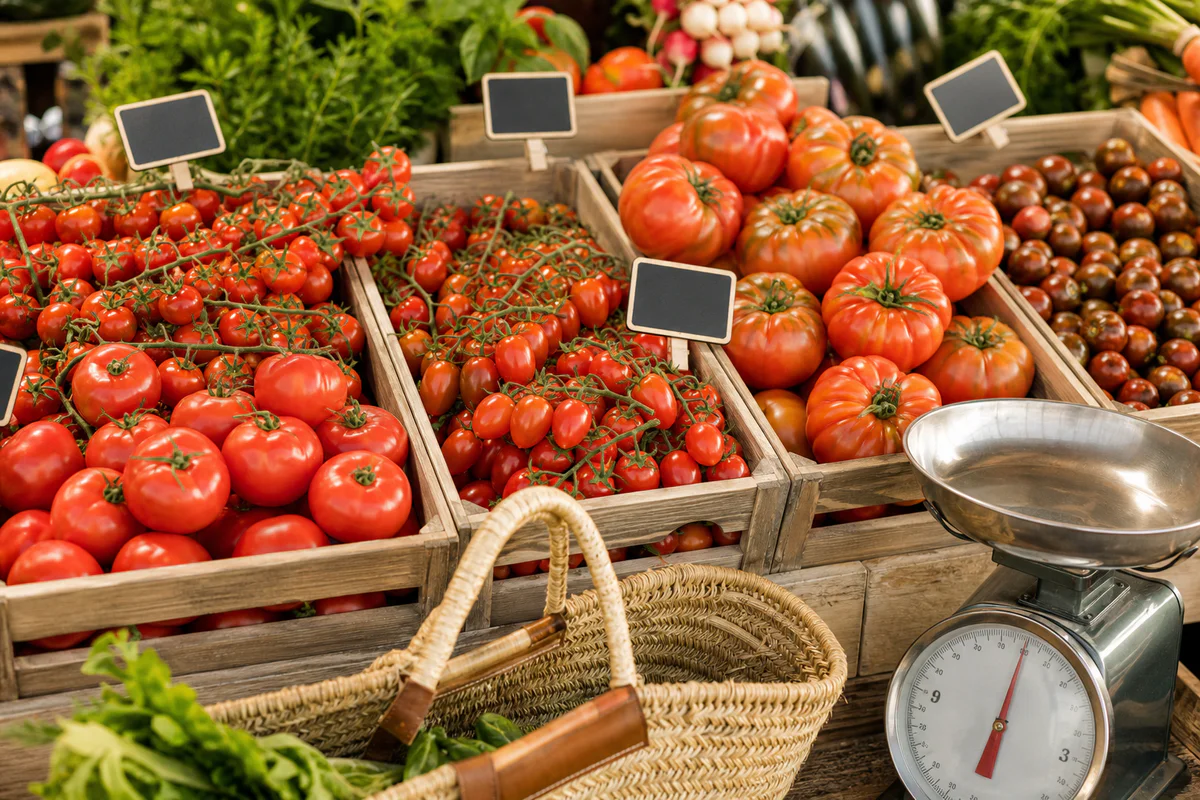Étal de marché avec différentes variétés de tomates fraîches, une balance et des étiquettes de prix vierges.