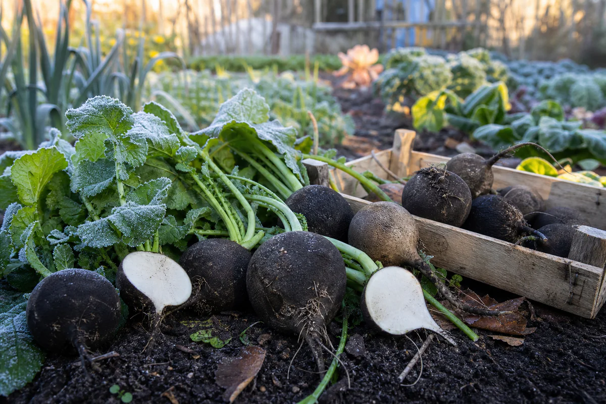 Radis noirs fraîchement récoltés dans un potager d'automne, posés sur la terre avec une cagette en arrière-plan.