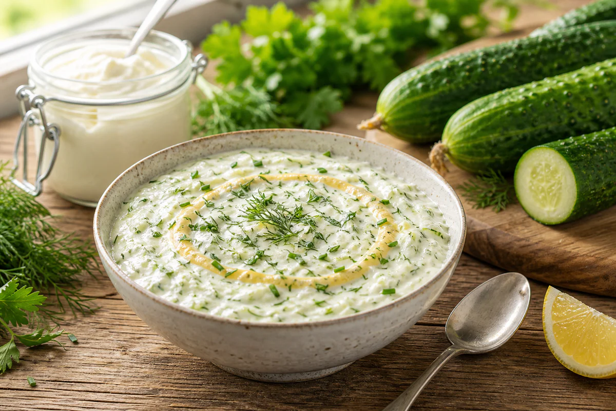 Bol de sauce froide au concombre, crème fraîche et moutarde, garni d'herbes fraîches, avec des concombres du potager sur une