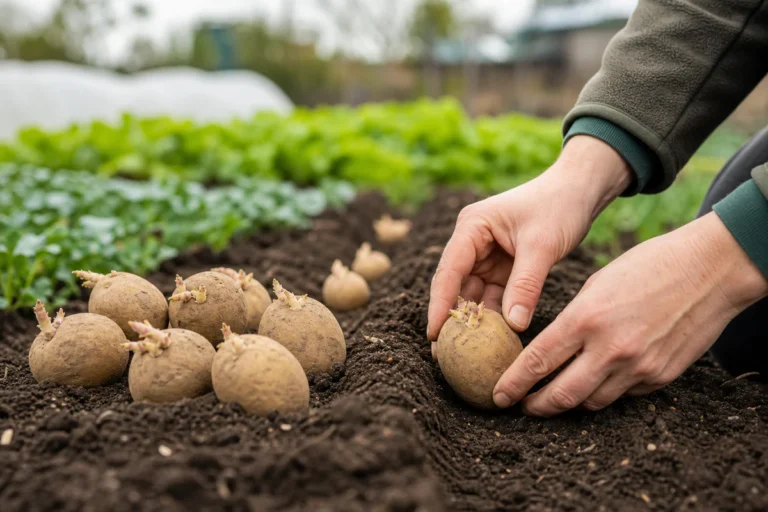 Healthy sprouted seed potatoes being planted in dark soil in a vegetable garden.