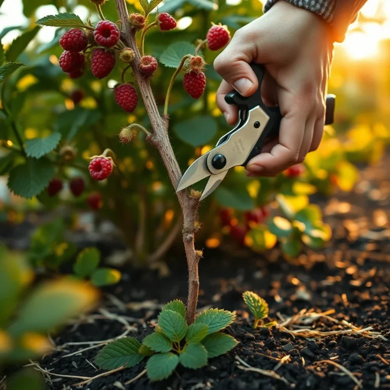 Mains de jardinier taillant au sécateur une canne morte de framboisier remontant à la base, avec des framboises mûres