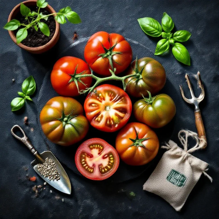 Overhead shot of ripe Black Krim heirloom tomatoes with a sliced cross-section revealing the dark red flesh, arranged on a da