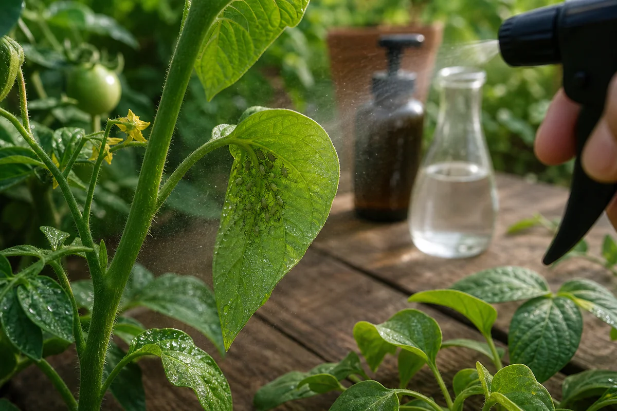 A vegetable garden leaf with aphids being gently sprayed with a natural treatment, with soap and vinegar bottles blurred in t