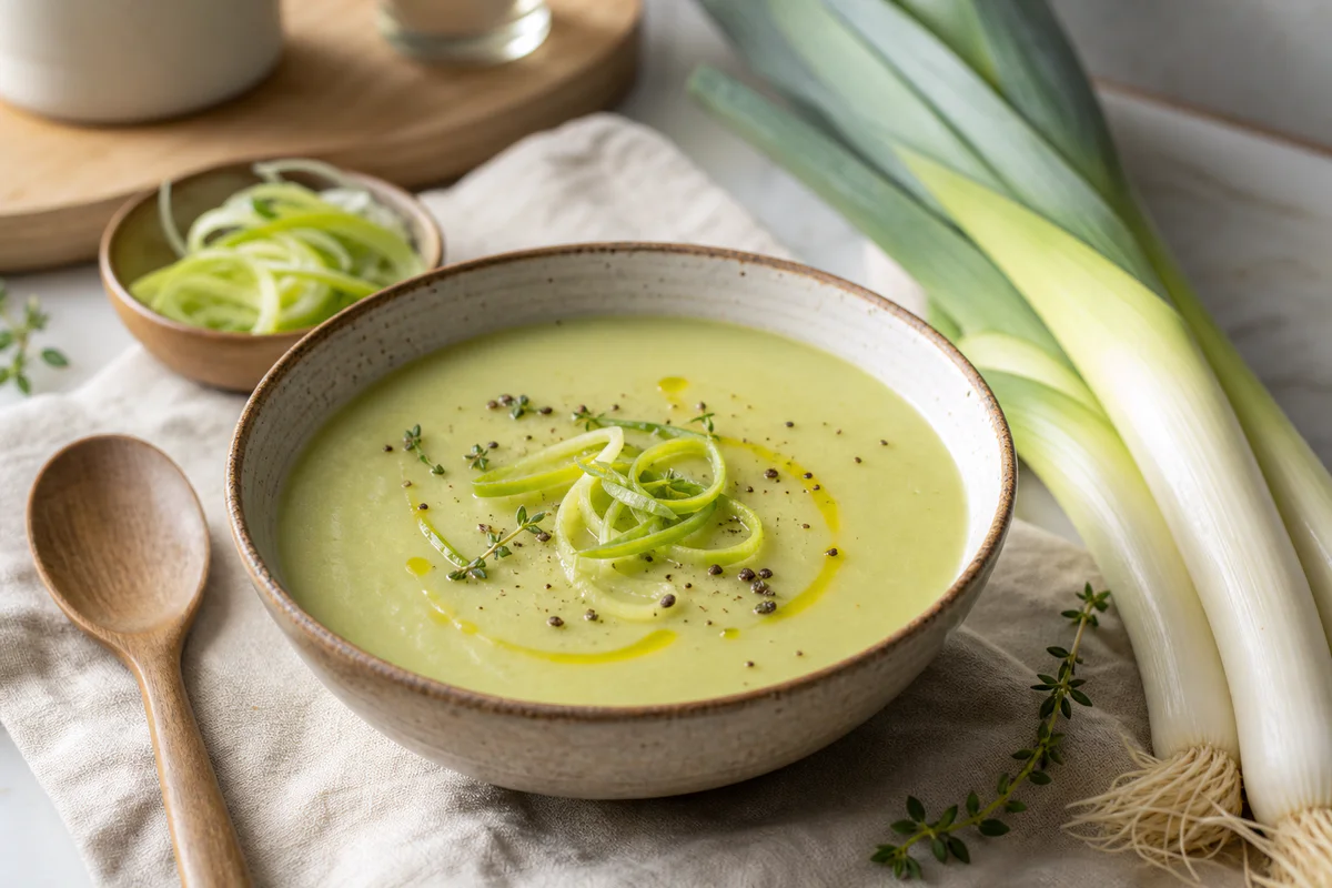 Bol de velouté de poireaux sans pomme de terre, onctueux et vert pâle, servi avec des poireaux frais et une garniture simple.