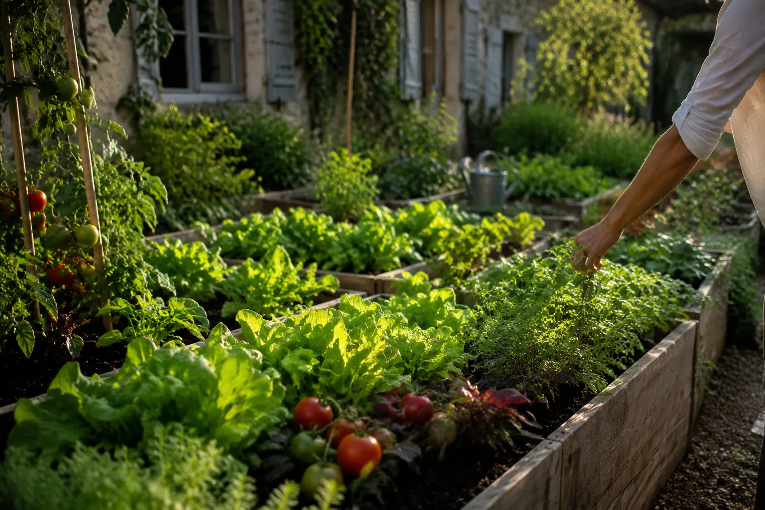 Potager familial en planches surélevées au lever du jour