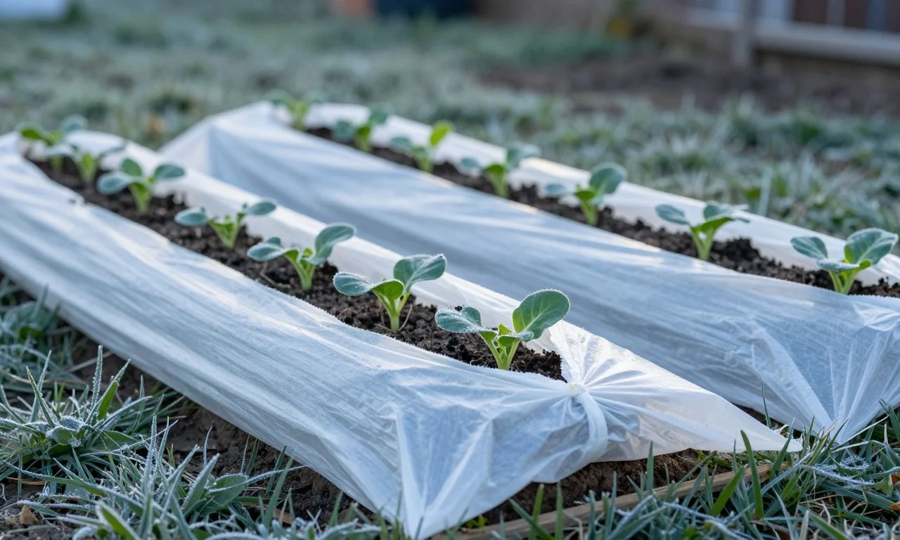 Semis protégés sous voile d'hivernage par une gelée matinale