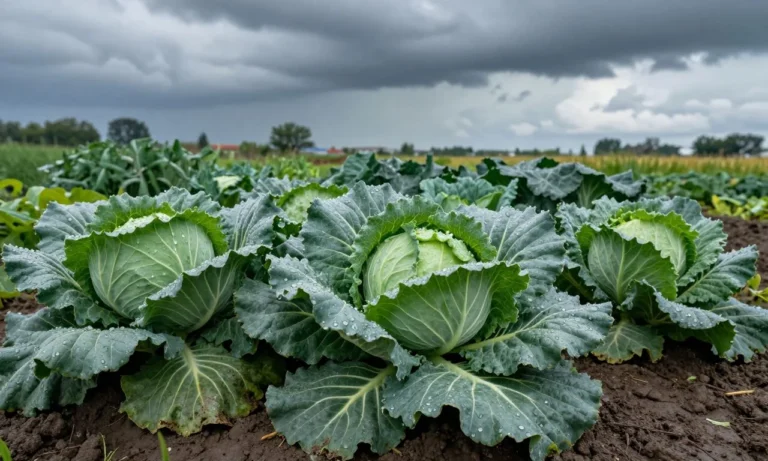 Choux couverts de gouttes de pluie sous un ciel d'orage