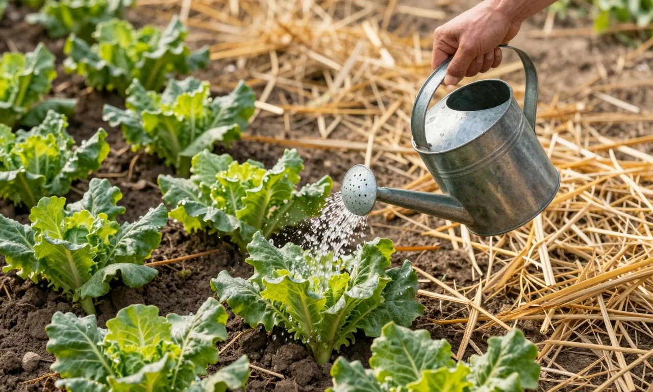Arrosage au pied des légumes avec paillage pour économiser l'eau