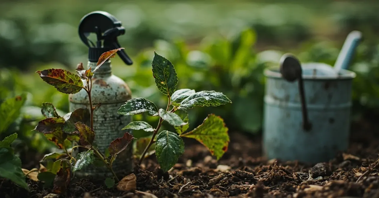 Rosiers dans un jardin feuilles tachées de rouille et oïdium