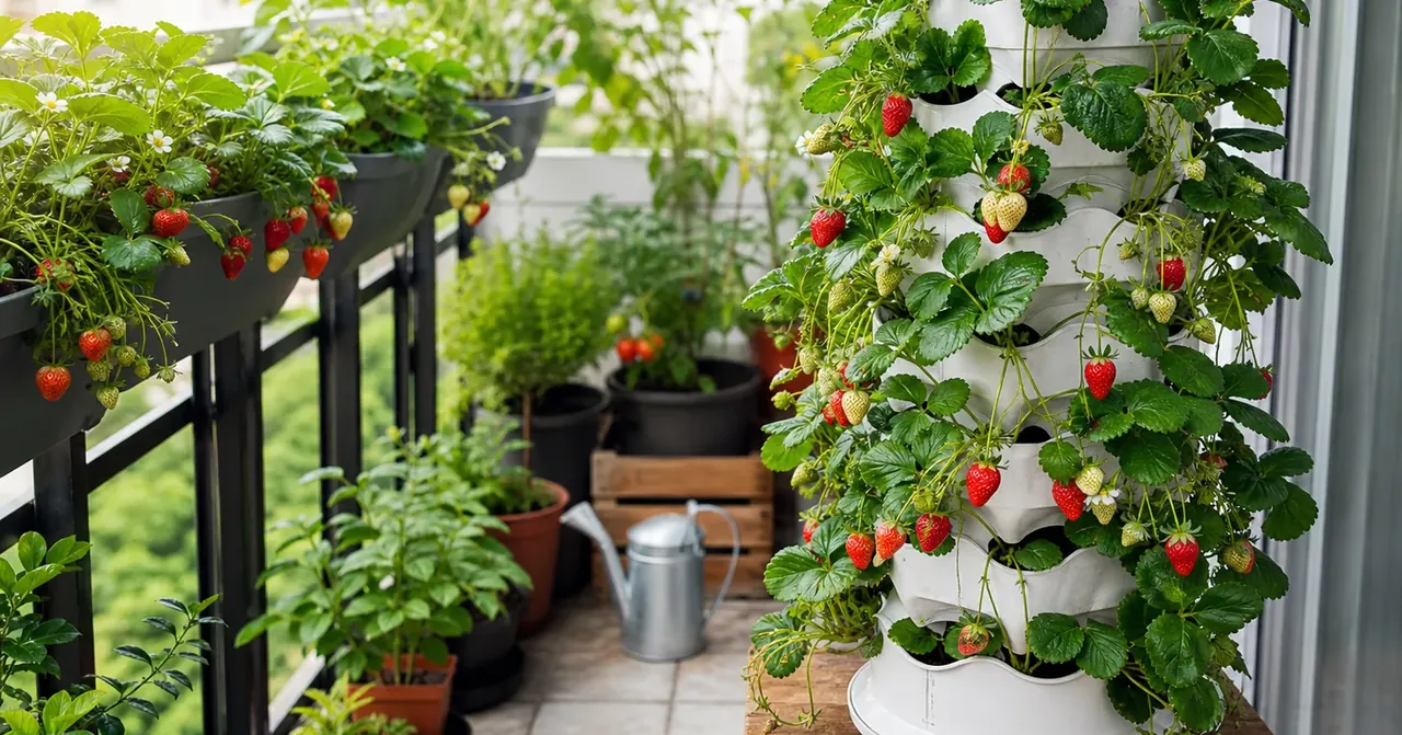 Jardinières suspendues et tours à fraisiers libèrent le sol du balcon