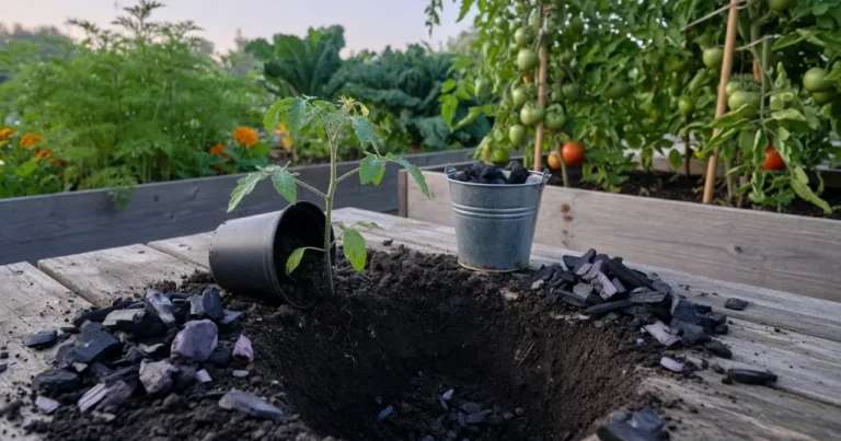 Dans le trou des tomates, le charbon aide le sol sans désinfecter