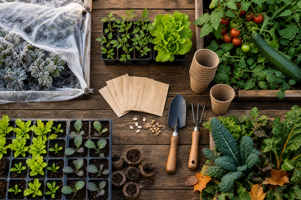 Potting table with seed trays, garden tools, and seasonal vegetables representing a French sowing calendar for the vegetable