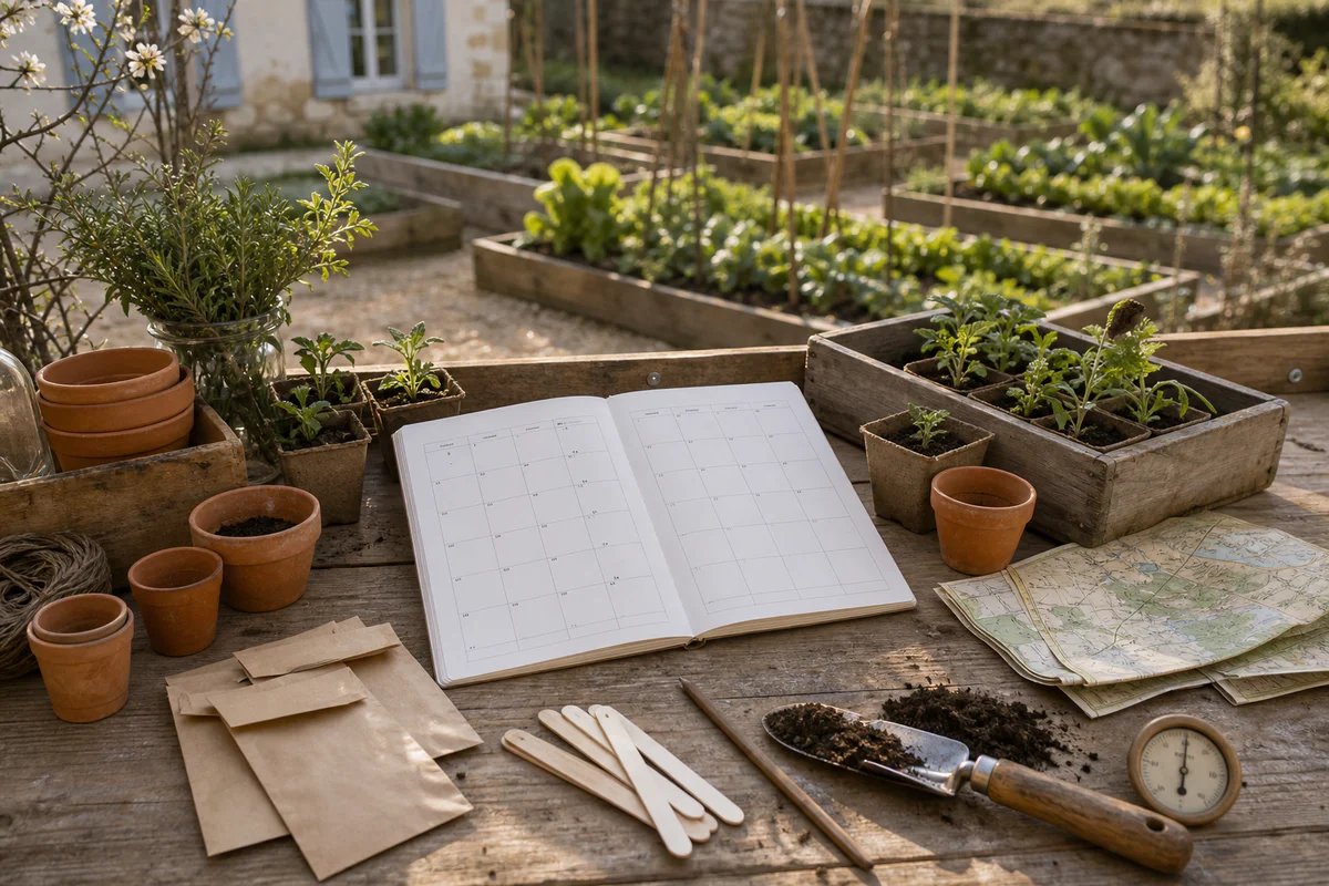 Organized potting bench with seedlings, seed packets, garden tools, and a blank printable sowing calendar for planning a vege