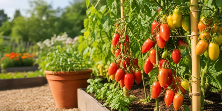 Clusters of red and yellow elongated Coeur de Pigeon tomatoes growing on staked plants in a sunny vegetable garden with a ter