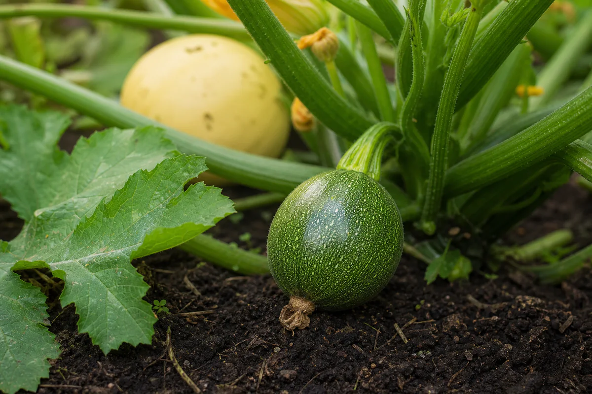 Courgettes rondes vertes poussant dans un potager, avec un fruit jeune au bon calibre de récolte au premier plan.