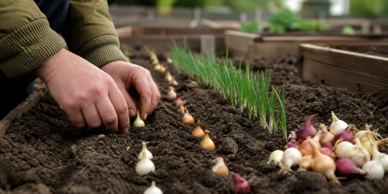 Des bulbilles d'oignons blancs, jaunes et rouges sont plantées à la main dans une terre de potager bien ressuyée.