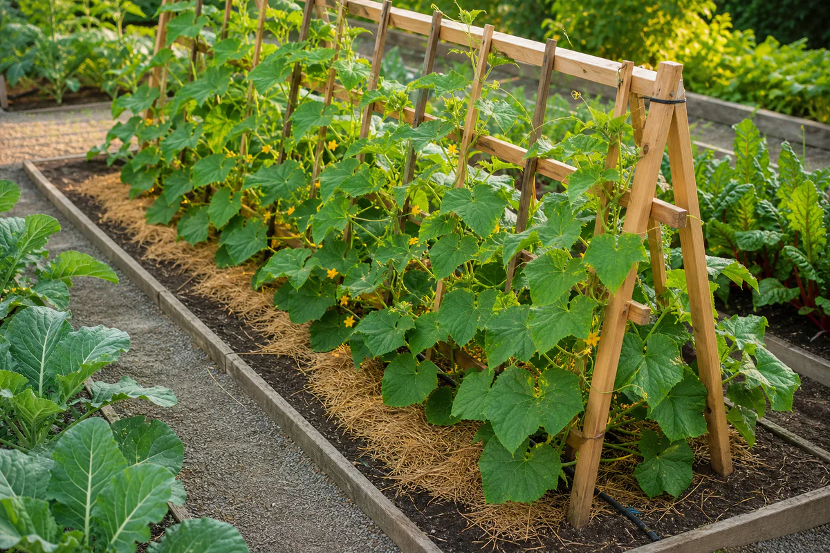 Potager bien organisé avec plants de concombre palissés sur treillis, rangs espacés, paillage et allées de circulation.