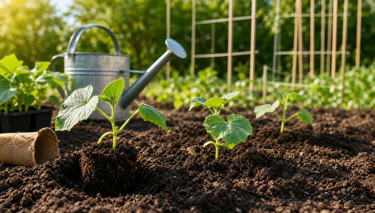 Jeunes plants de concombre repiqués dans un sol riche au potager avec un treillis en arrière-plan.