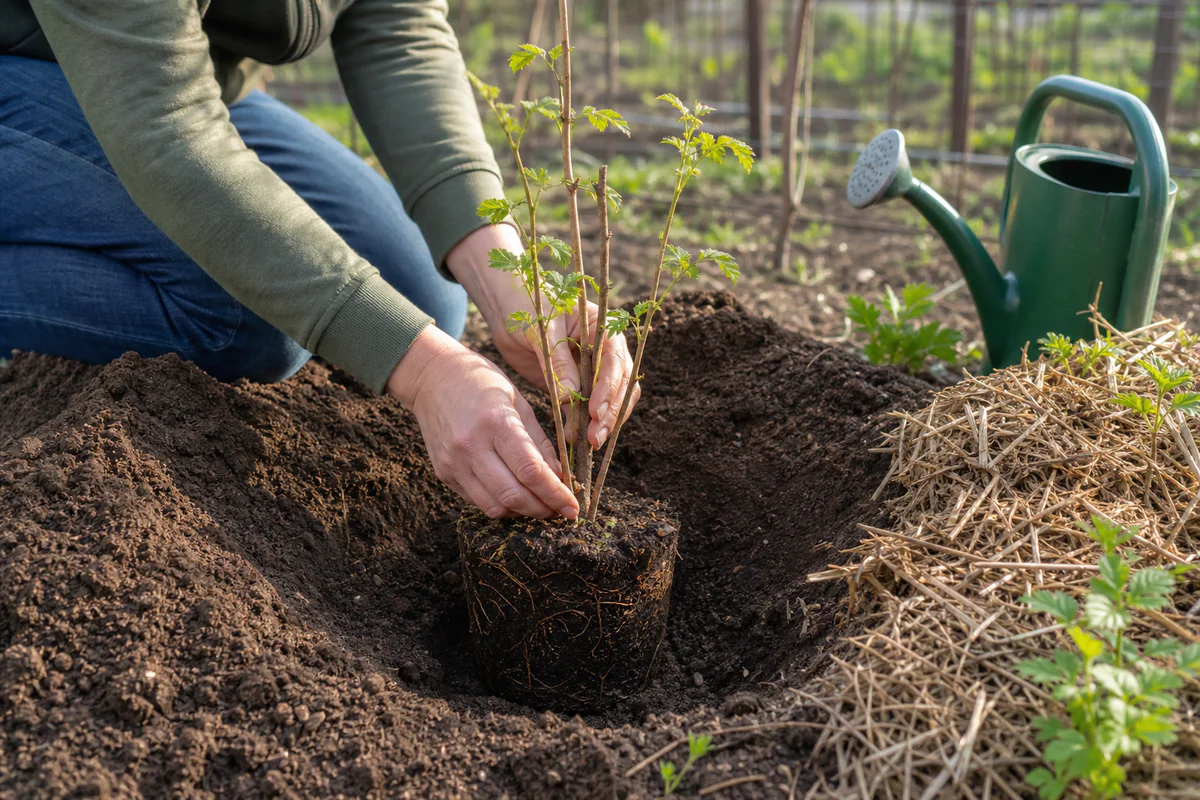 A young raspberry plant being set into a prepared planting hole in a vegetable garden with loose soil, mulch and a watering c