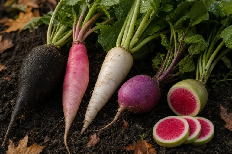 Assortment of winter radish varieties freshly harvested from a vegetable garden, including black, pink, white, purple, and re
