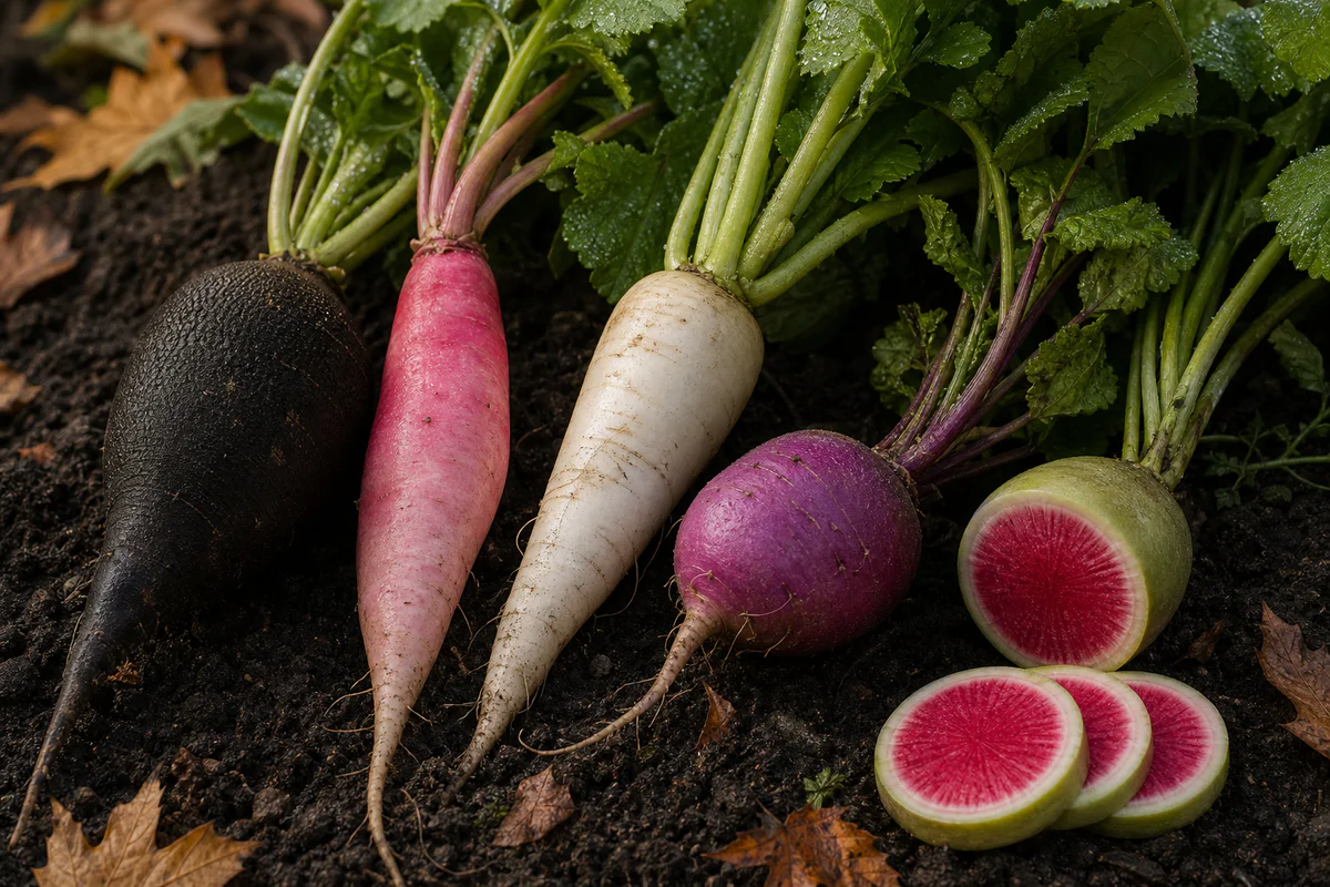 Assortment of winter radish varieties freshly harvested from a vegetable garden, including black, pink, white, purple, and re