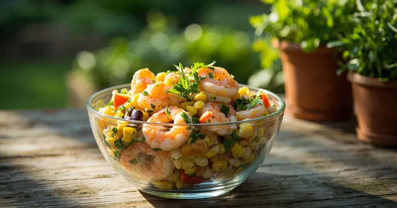 Bol de salade de maïs et crevettes avec potager flou
