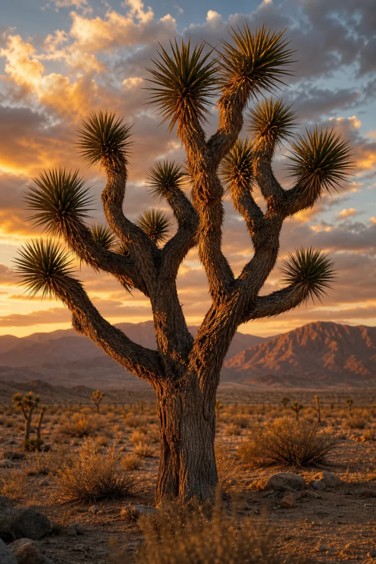 A majestic Joshua tree (Yucca brevifolia) with twisted branches and spiky green rosettes standing in the Mojave Desert at gol
