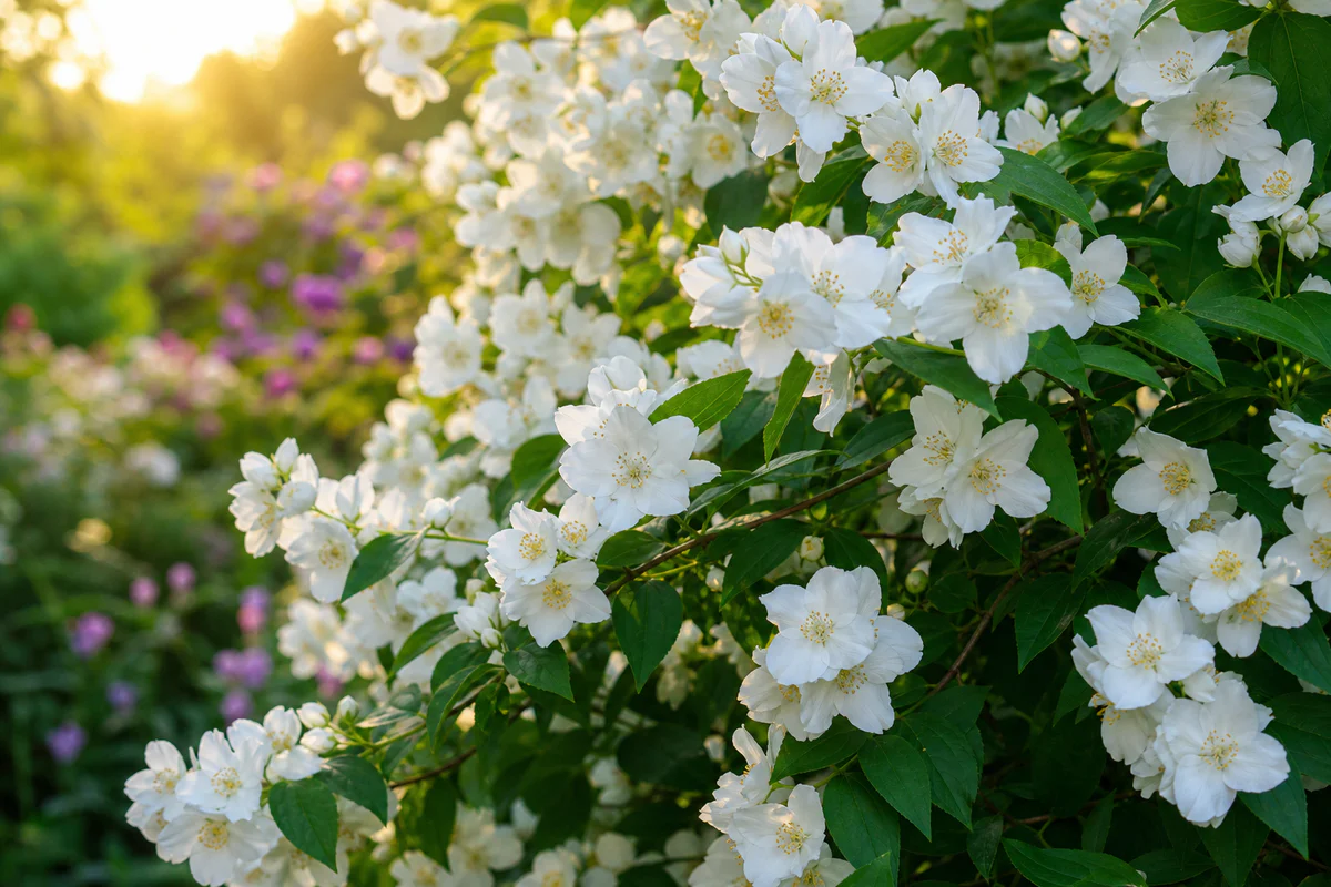 Seringat (Philadelphus) en pleine floraison dans un jardin, arbuste couvert de fleurs blanches parfumées à étamines jaunes su