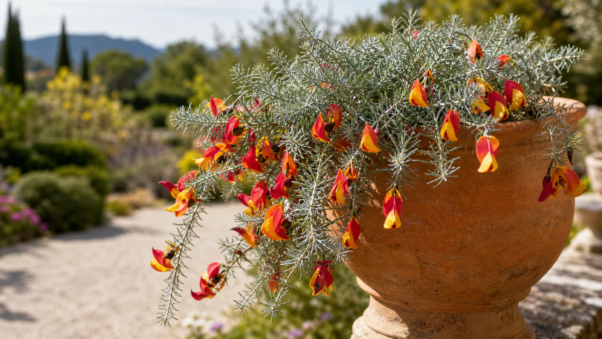 Lotus berthelotii with silvery blue-green foliage and bright parrot-beak-shaped red, orange, and yellow flowers cascading fro
