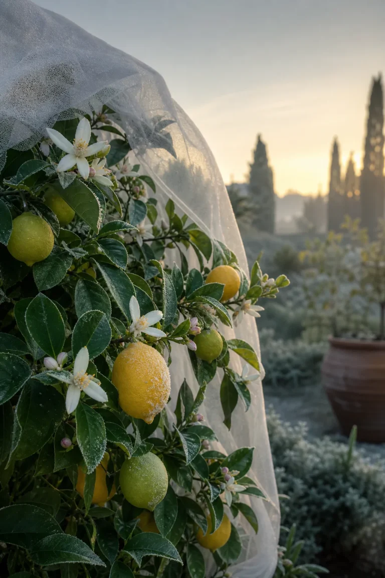 Citronnier quatre saisons partiellement protégé par un voile d'hivernage dans un jardin hivernal, portant à la fois des citro