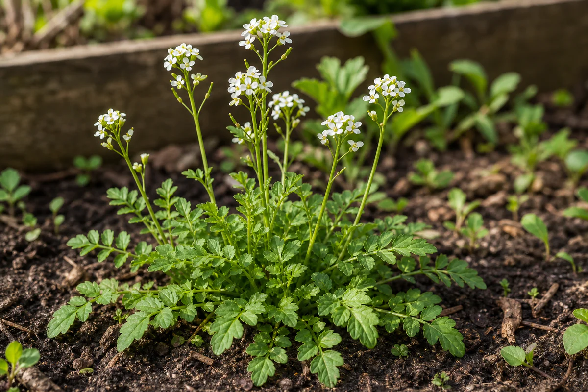 Vue rapprochée d'une rosette de cardamine hérissée (Cardamine hirsuta) avec ses petites fleurs blanches à quatre pétales, pou