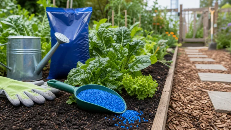 Blue granular fertilizer in a measuring scoop beside healthy vegetable plants in a family garden, with the product safely set
