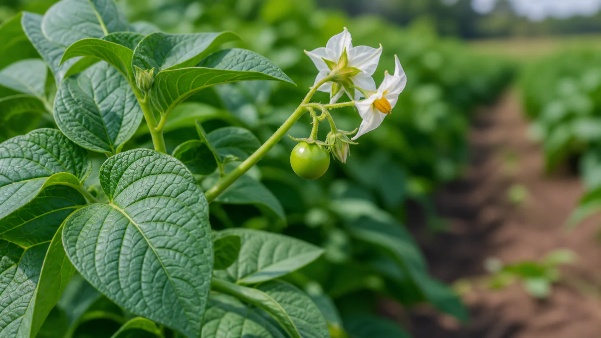 Petite baie verte du plant de pomme de terre suspendue au-dessus du feuillage, près de fleurs blanches, dans un potager.