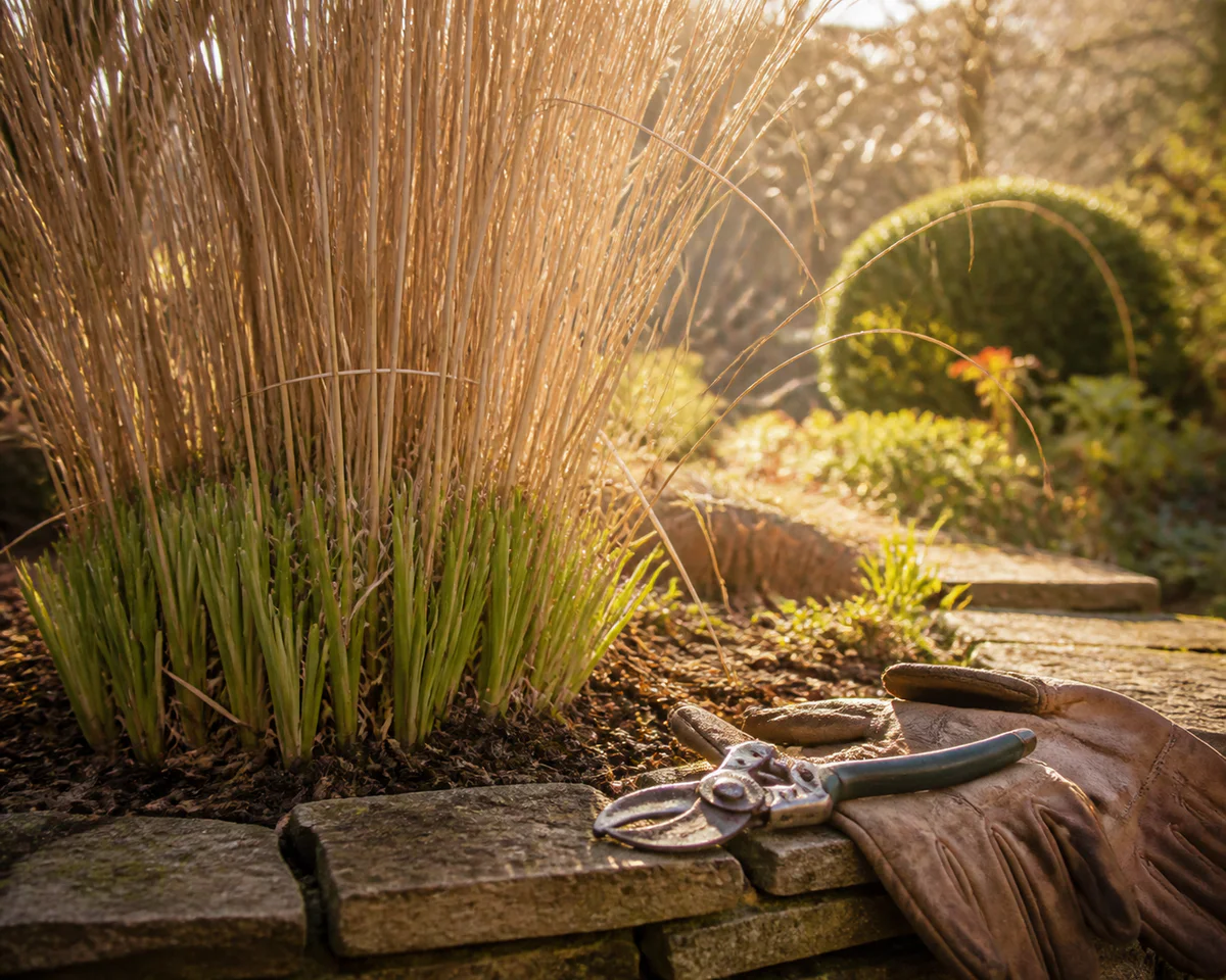 Ornamental grass clump in early spring garden with dried winter stems and emerging green shoots, secateurs and gloves on ston