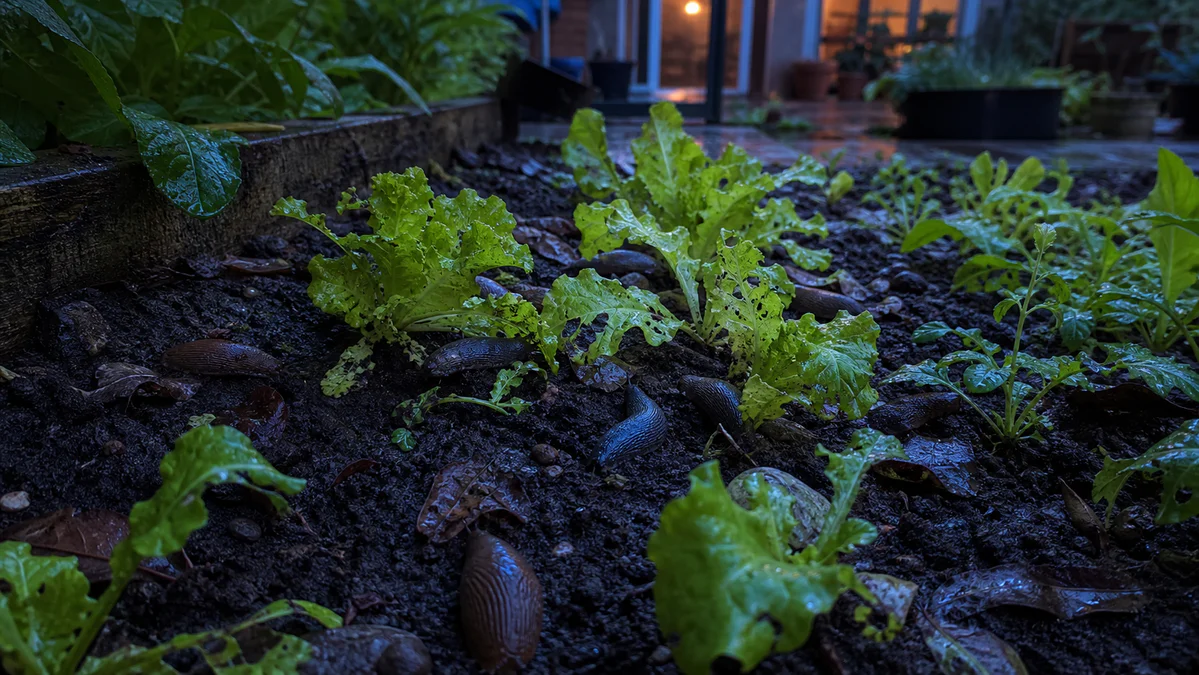 Des limaces sortent dans un potager humide après la pluie et s'approchent de jeunes plants grignotés, illustrant les causes d