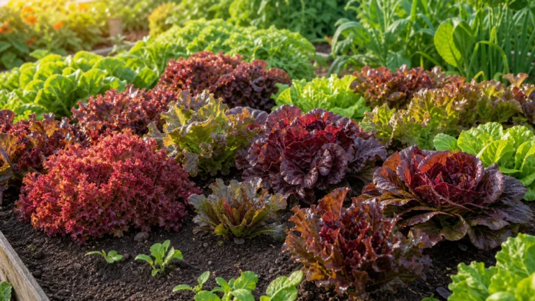 Diverses laitues rouges et pourpres, certaines bordées de vert, poussent en rangs dans un potager éclairé par une douce lumiè