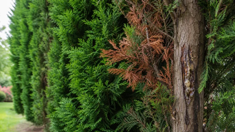 Haie de cyprès de Leyland majoritairement verte avec un arbre présentant des rameaux brunis et une zone d’écorce fissurée évo