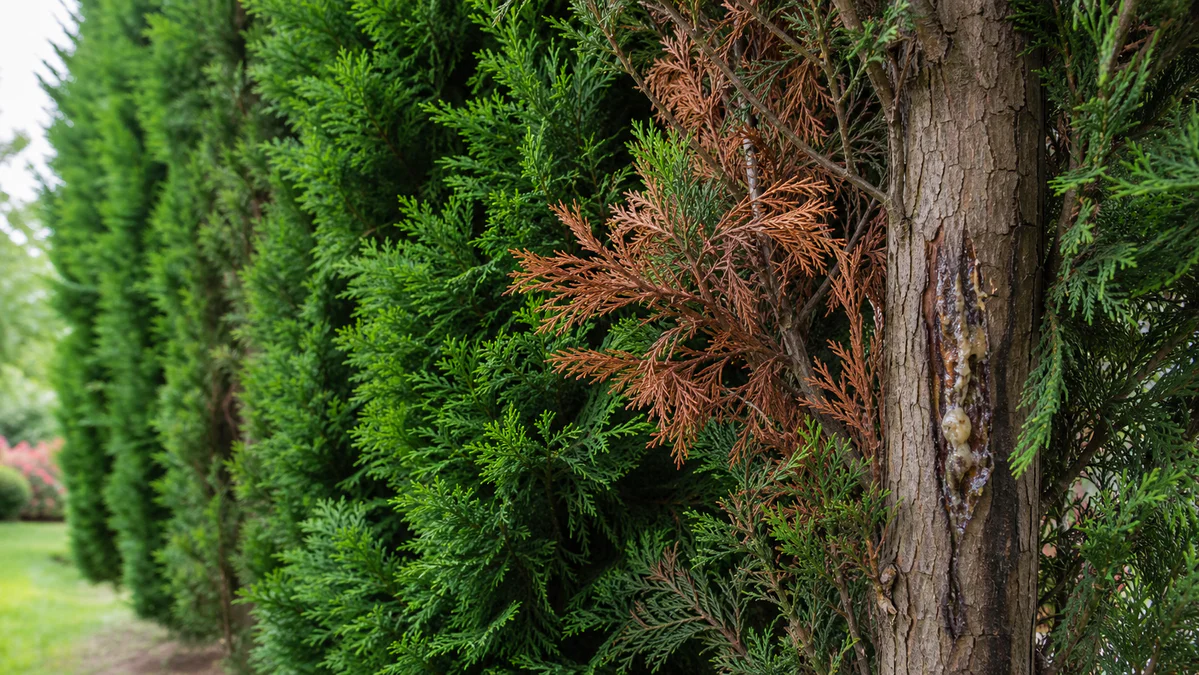 Haie de cyprès de Leyland majoritairement verte avec un arbre présentant des rameaux brunis et une zone d’écorce fissurée évo