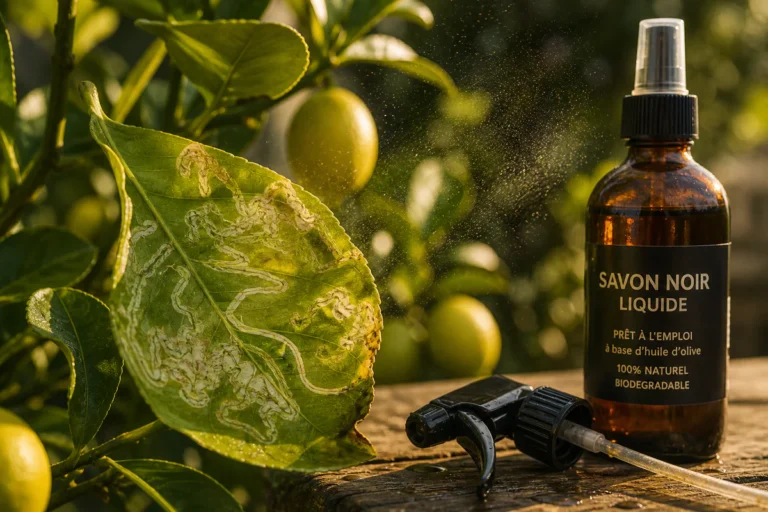 Close-up photograph of a young citrus leaf showing serpentine mine galleries from citrus leaf miner damage, beside a bottle o