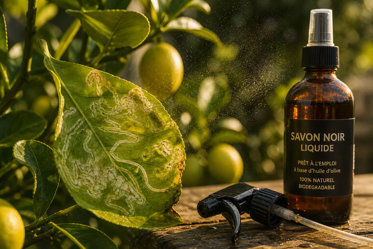 Close-up photograph of a young citrus leaf showing serpentine mine galleries from citrus leaf miner damage, beside a bottle o