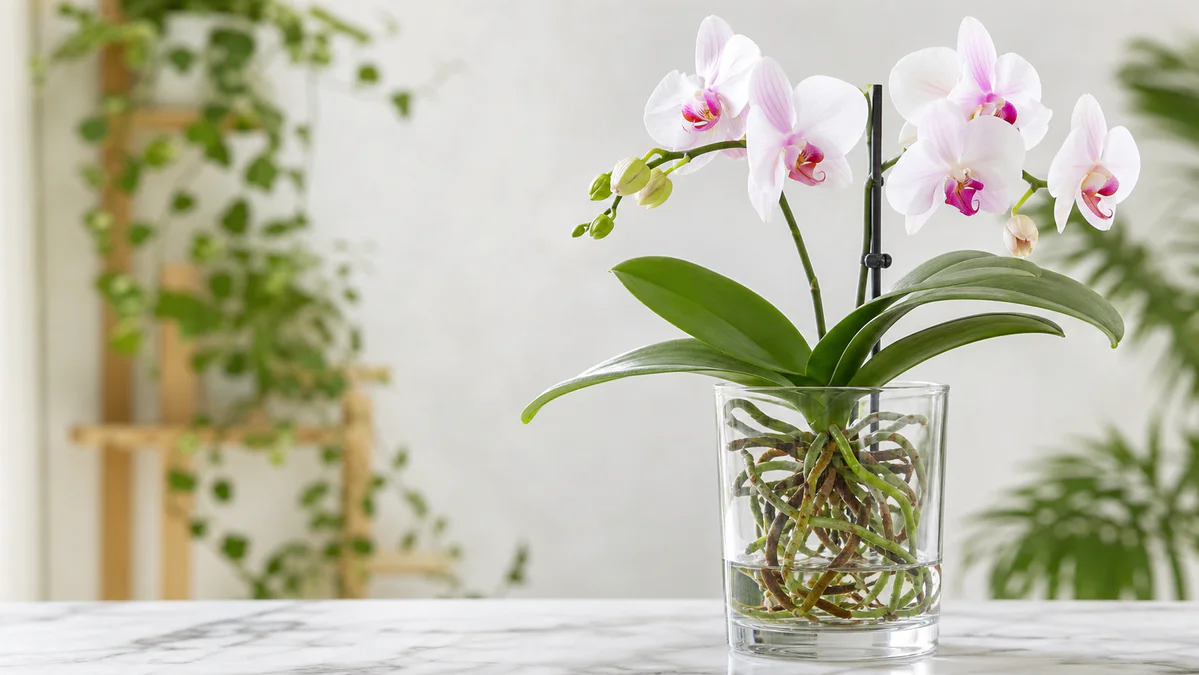 Phalaenopsis orchid with bare roots partially immersed in clear water inside a glass container, while its leaves and crown re